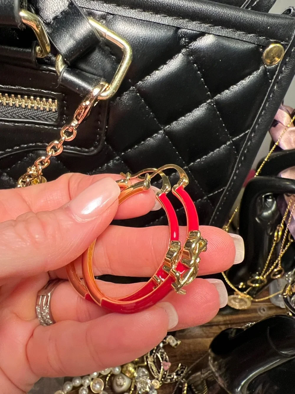 Gold Emblem Red Enamel Hoop Earrings - Picture 8 of 10